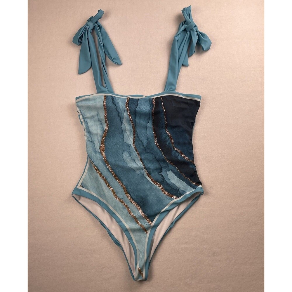 Women’s Aqua Print One Piece Bathing Suits one-M